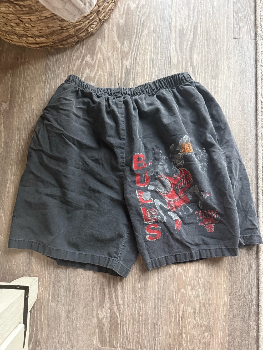 Vintage Chicago Bulls Black Athletic Shorts with Red Team Graphic